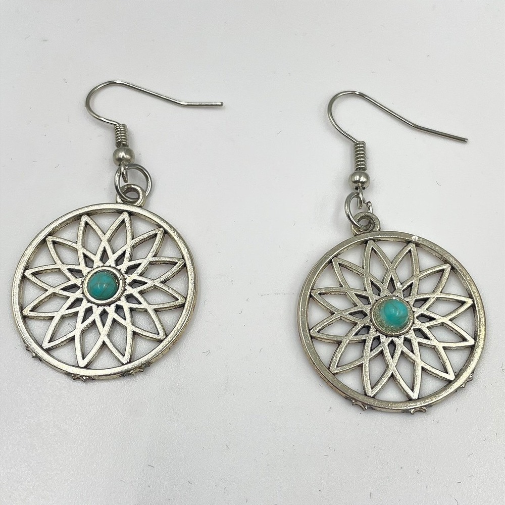 Bohemian Silver-Tone Metal Turquoise Center Mandala Dangle Drop Hook Earrings